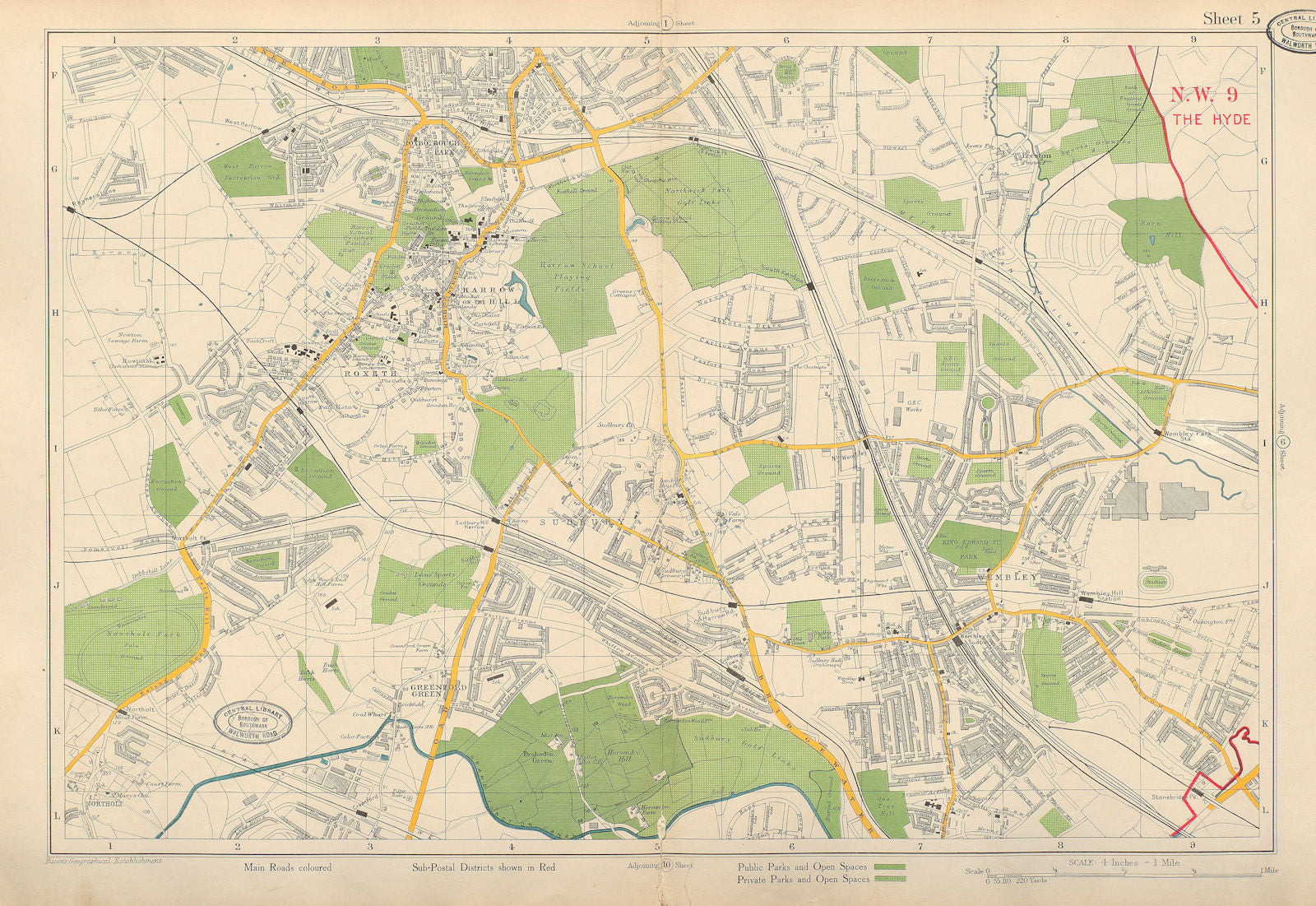 NW LONDON Wembley Harrow on the Hill Northolt Kenton Sudbury. BACON 1934 map